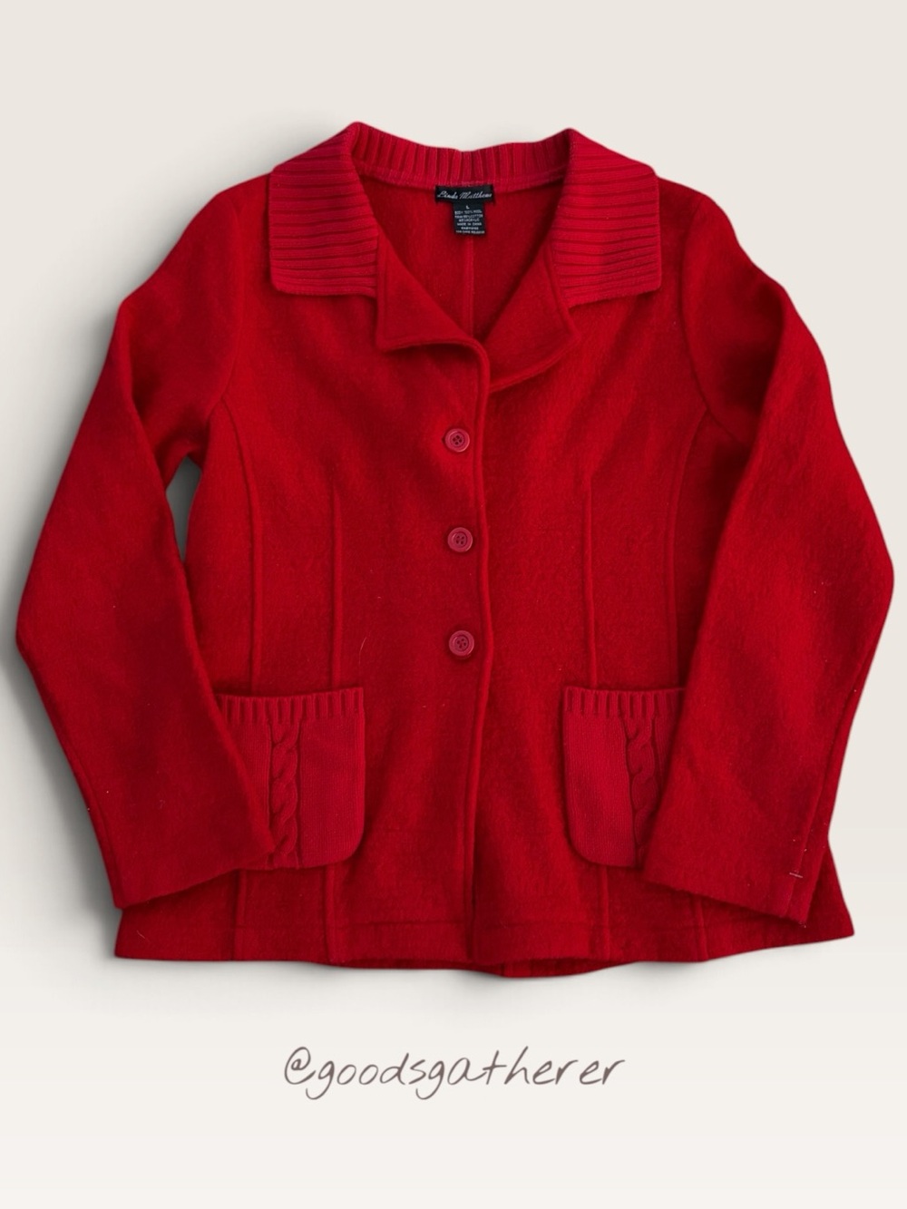 Linda Matthews 100% Wool Red Boiled Wool Jacket Cardigan L